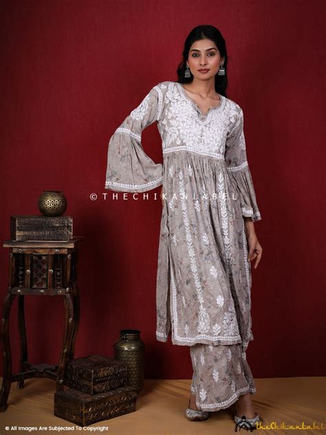 Eliza Modal Chikankari Kurta Set-Grey|The Chikan Label