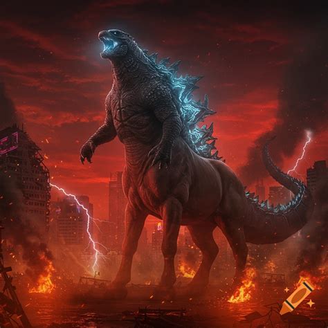 Photorealistic image of a centaur-like Godzilla roaring in a destroyed city under a fiery red ...