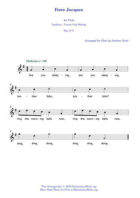 Frere Jacques - Free Sheet Music for the Flute - MasterpieceMusic.org