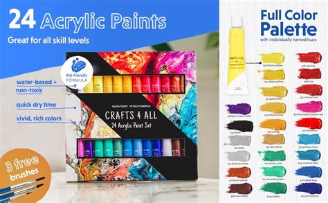 ZENO Acrylic Paint Set of 24 Colour Tubes | with 3 Paint Brushes | For ...