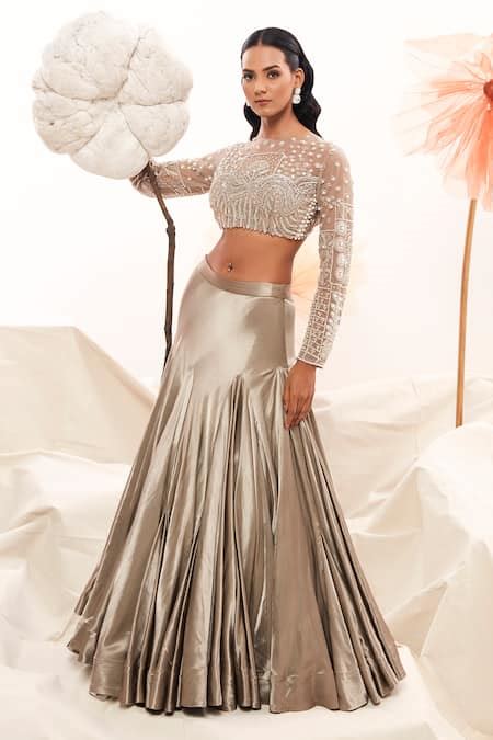 Buy Grey Net Embroidery Glass Bead Illusion Sheer Round Neck Blouse And ...