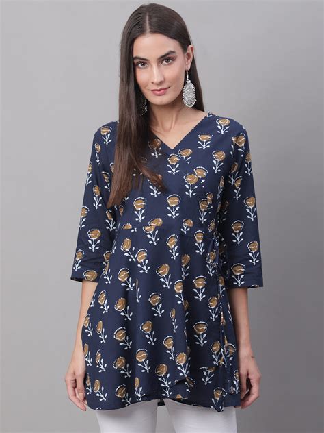 Women Blue Cotton Printed Short Kurti – feranoid