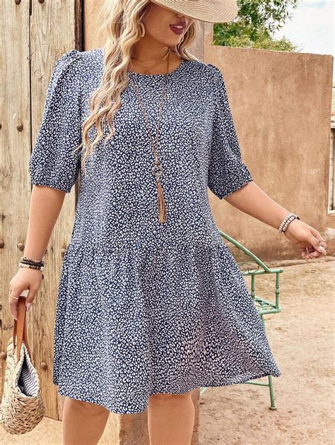 EMERY ROSE Round Neck Mid-Sleeve Ditsy Floral Plus Size Dress, Sun ...