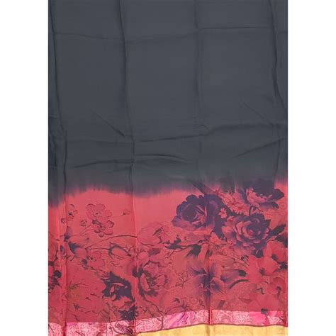Black Color Floral Pure Chiffon Saree with Satin and Golden Border ...