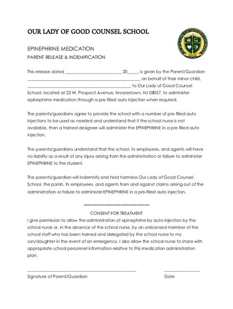 Fillable Online our lady of good counsel school - epinephrine ...