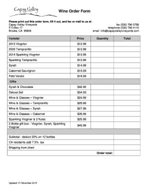 2022-2026 CA Capay Valley Vineyards Wine Order Form - Blank Fillable ...