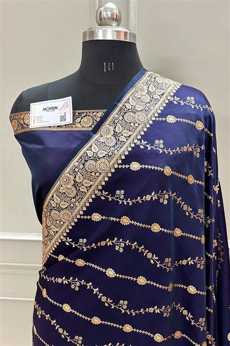 Navy Blue Sunehri Lehar Katan Silk Banarasi Saree – Mohsin Textiles