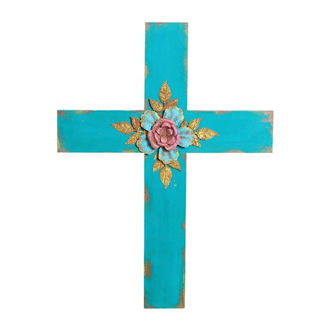 Wilco Imports Teal Blue Wooden Cross with Metal Floral Center, 15-Inch ...