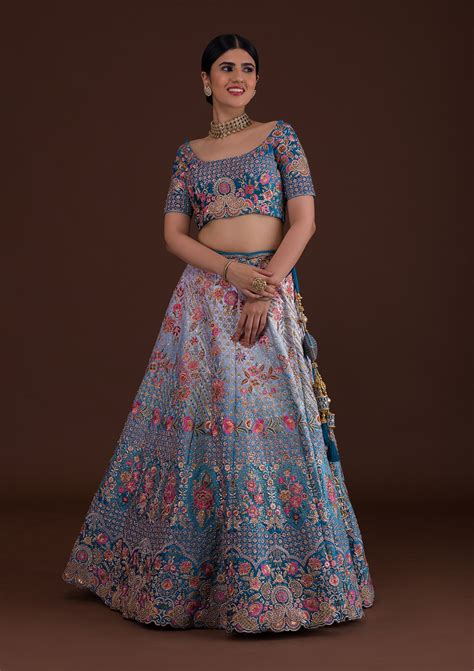 Buy Peacock Blue Zariwork Velvet Semi Stitched Lehenga - Koskii