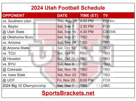 Printable 2024 Utah Football Schedule; Matchups and TV Broadcast ...