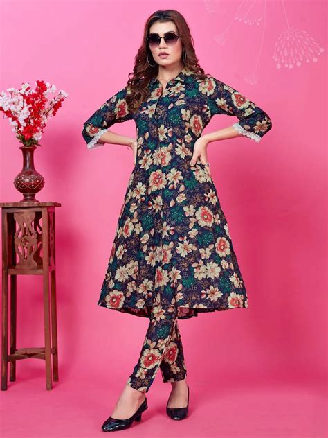 ⚡️Buy Fascinating Navy Blue Floral Printed Rayon Pants Suit Co-Ord Set ...