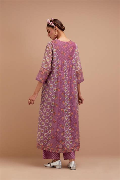 Dark Mauve Silk Chanderi hand block printed kurta dress set with a V n ...