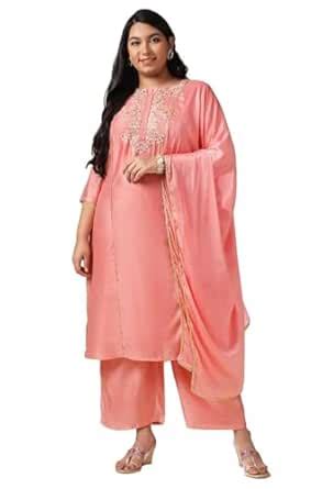Buy XL LOVE By Janasya Women's Pink Chanderi Embellished Kurta with ...