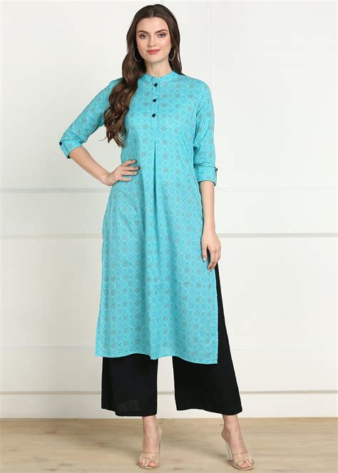 Get Blue Gold Floral Printed Straight Kurta at ₹ null | LBB Shop