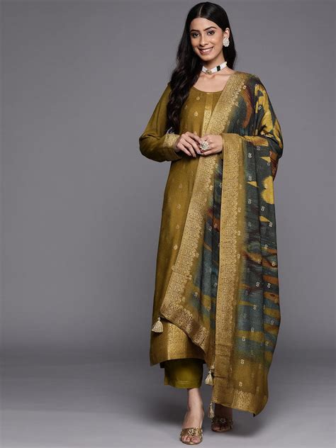 Buy Olive Self Design Pashmina Wool Straight Kurta With Dupatta Online ...