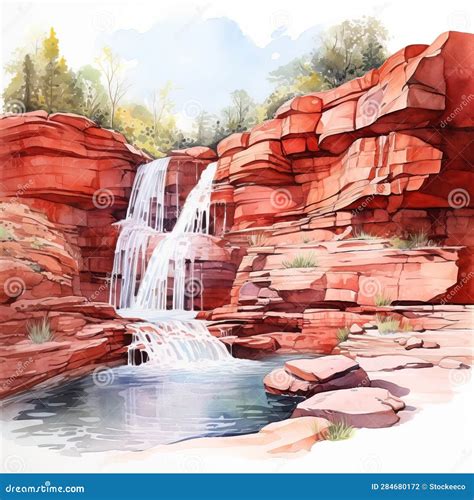Realistic Watercolor Illustration of Red Rock Falls Stock Illustration ...
