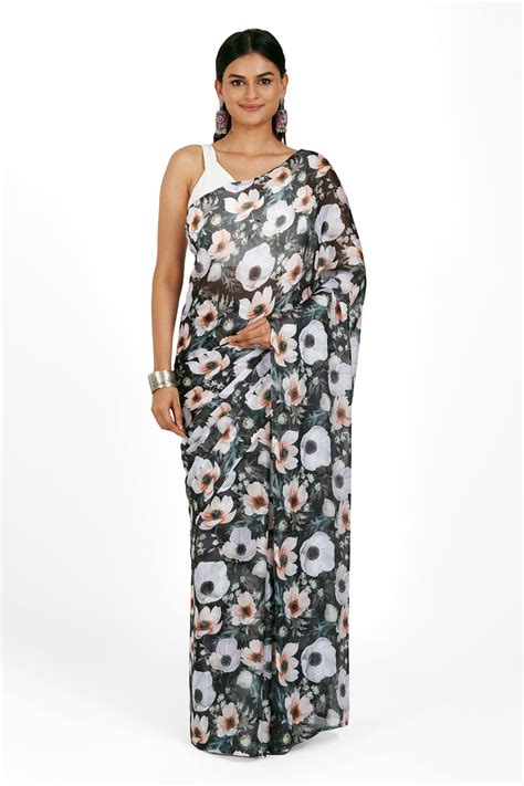 Teejh Midnight Garden Bloom Digital Print Chiffon Saree