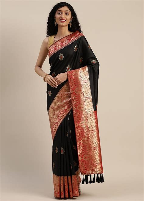Get Black And Red Silk Blend Woven Design Banarasi Saree at ₹ 1100 ...