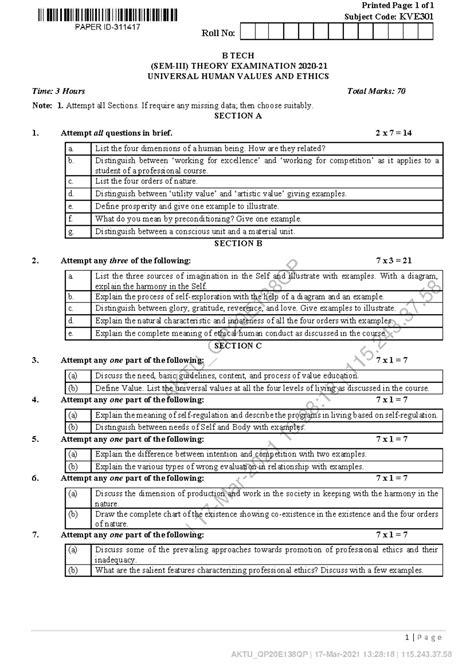 KVE301 B.Tech Theory Exam: Universal Human Values & Ethics PYQ 2021 ...