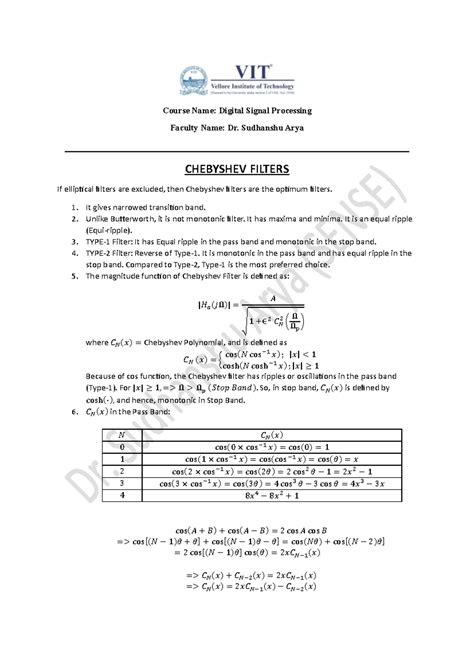 Cheshev Filters in Digital Signal Processing (BECE301L) - Studocu