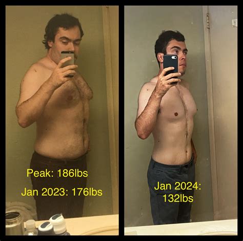 M/24/5'7 [186lbs > 132lbs = 54lbs] I'm 178 in the before picture ...