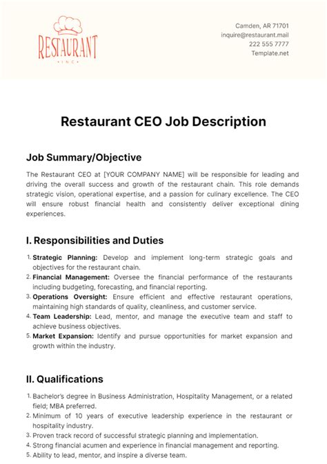 Free Restaurant CEO Job Description Template - Edit Online & Download | Template.net
