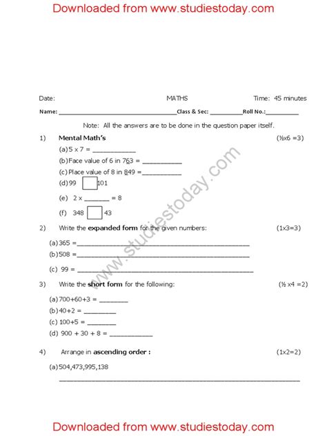 Image result for Class 2 Maths Question Paper
