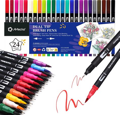 Artecho 24 Dual Tip Brush Pens，Colouring Pens brush pens for Adult，Colouring Books，Calligraphy ...