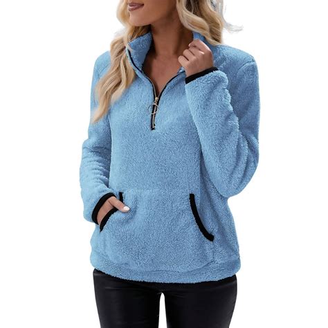 Women's Fuzzy Fleece Pullover Sweatshirt Soft Half Zip Sherpa Jacket ...