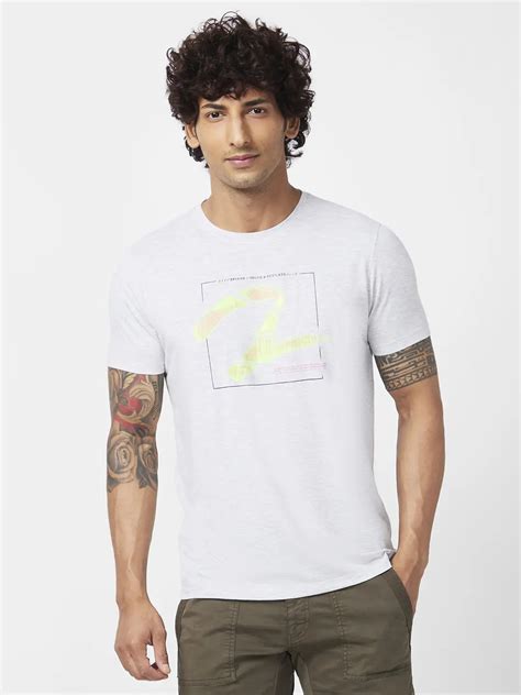 Men Ash Melange Blended Slim Fit Half Sleeve Round Neck Printed Tshirt