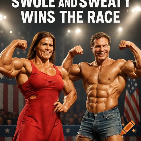 A female and male bodybuilder flex their muscles on a stage with an ...