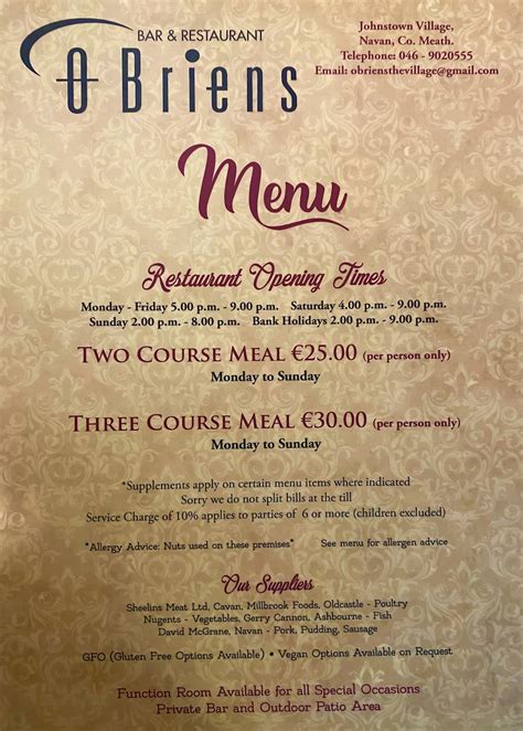 Menu at O' Briens Restaurant Johnstown, Navan