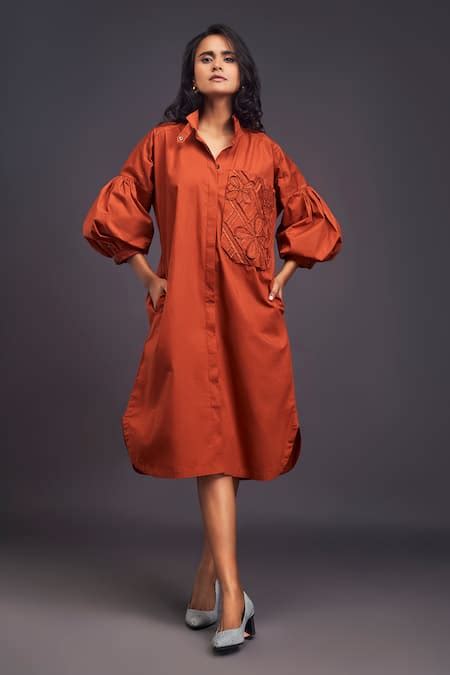 Buy Orange Cotton Embroidery Bandeau Neck Flower Pocket Shirt Dress For ...