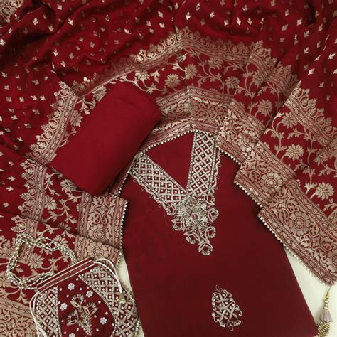 Bandegi Wine Red Designer V Neck Chanderi Top and Banarasi Dupatta Set ...