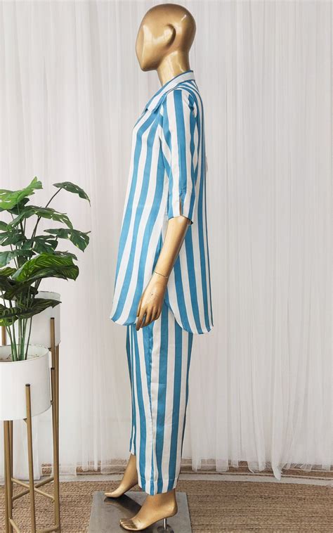 Teal Blue Striped Co-Ord Set