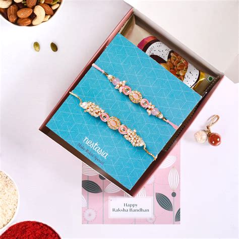Kundan Stonework Pink Rakhi Hamper For Couple Online - Premium Gift ...