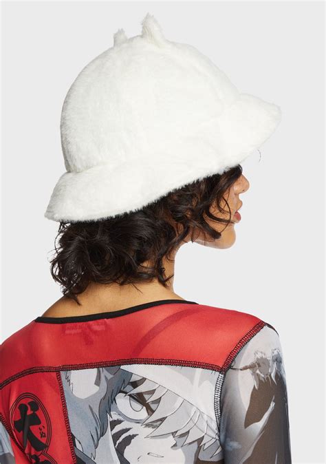 Dolls Kill x Inuyasha Faux Fur Dog Ear Bucket Hat - White