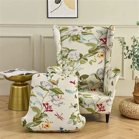 Floral Printed Stretch Wingback Chair Cover For Pet Armchair Slipcovers ...