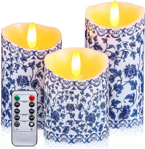 Amazon.com: Tujoe 3 Pcs Chinoiserie Flameless Candles Blue and White ...
