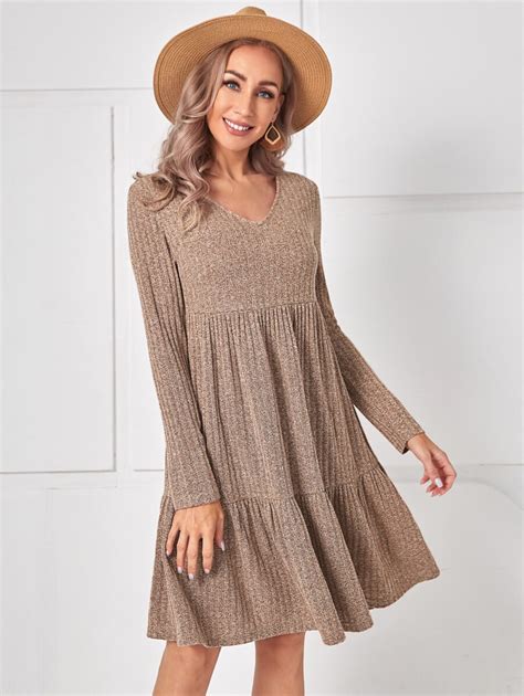 EMERY ROSE V-neck Rib-knit Ruffle Hem Dress | SHEIN USA