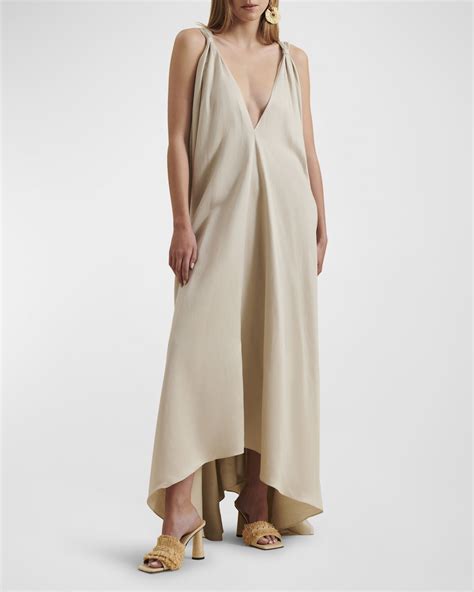 Mes Demoiselles Abia Ruffle-Trim Deep V-Neck Maxi Dress | Neiman Marcus