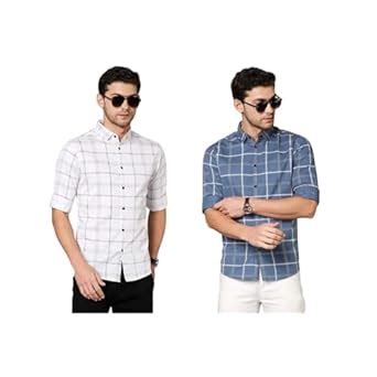 Dennis Lingo Men's Checkered Slim Fit Cotton Casual Shirt (Pack of 2 ...