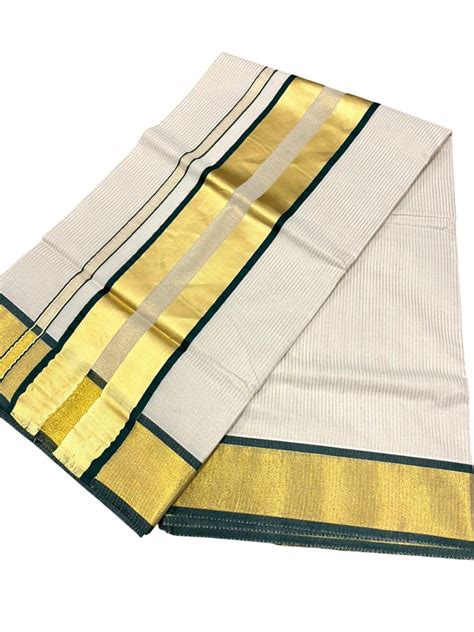 Southloom Kerala Cotton Kasavu Saree with Micro Stripes on Body In Gre ...