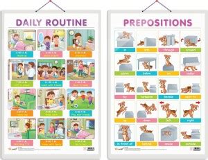 GO WOO Pack of 2 DAILY ROUTINE and PREPOSITIONS Educational charts ...