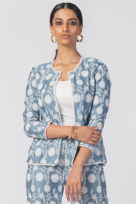 Mulmul Supima Cotton Ettie Blue Jacket With Ettie Blue Pant