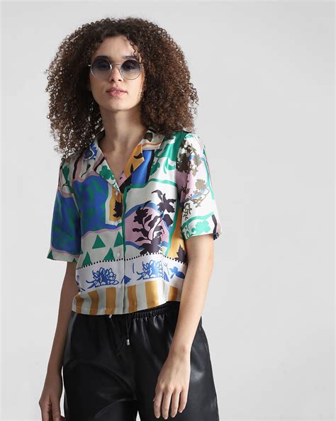 Blue Printed Cropped Shirt