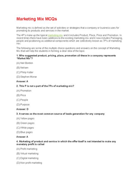 Marketing Mix mcqs question Anaswers - Marketing Mix MCQs Marketing mix ...