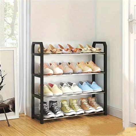 Space-saving four-tier shoe rack - Durable metal-plastic storage rack ...