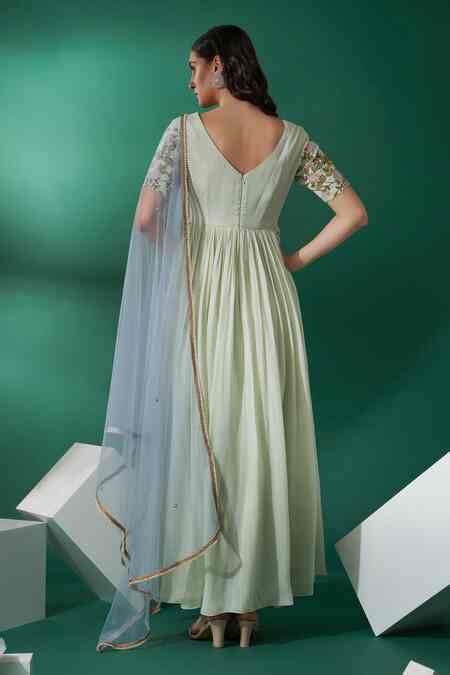 Buy Green Cotton Silk Floral, Pearl, Thread, Mirrorwork V Neck Anarkali ...