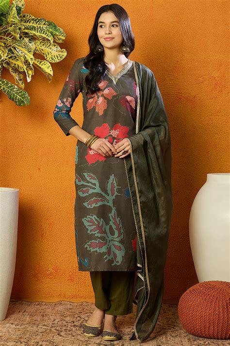 Olive Cotton Blend Floral Printed Straight Suit Set PKSKD2426 – Ahika
